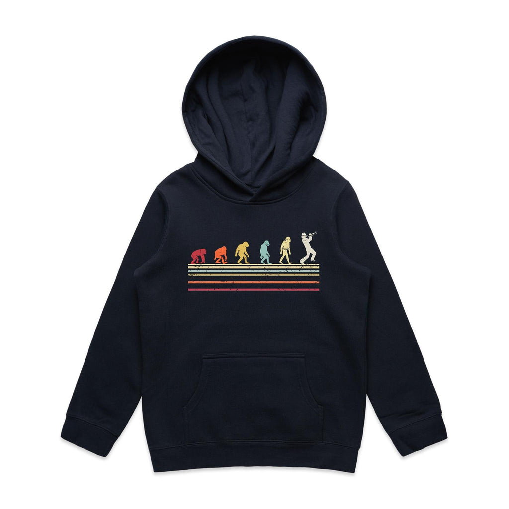 Trumpet Player Evolution - Kids Hoodie Navy Kids Hoodie Music Printed In Australia