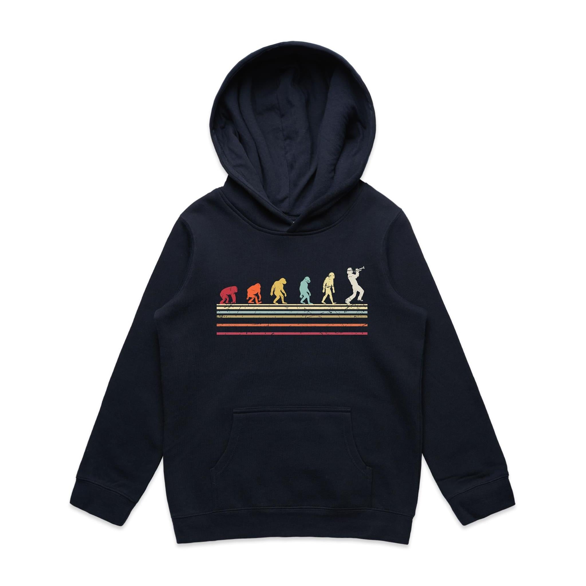 Trumpet Player Evolution - Kids Hoodie Navy Kids Hoodie Music Printed In Australia