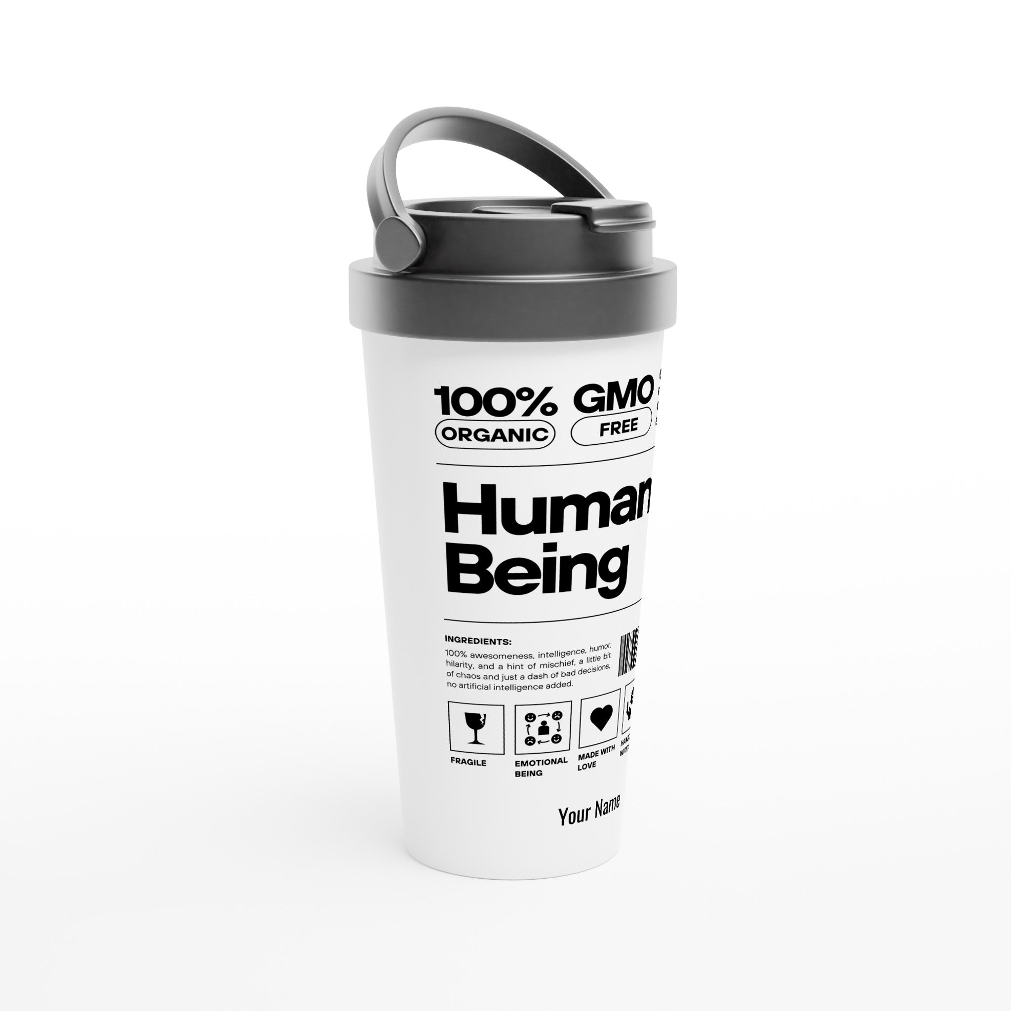 Personalised - Human Being Product Description, Definition - White 15oz Stainless Steel Travel Mug Personalised Travel Mug Customise Funny Globally Fulfilled Personalise