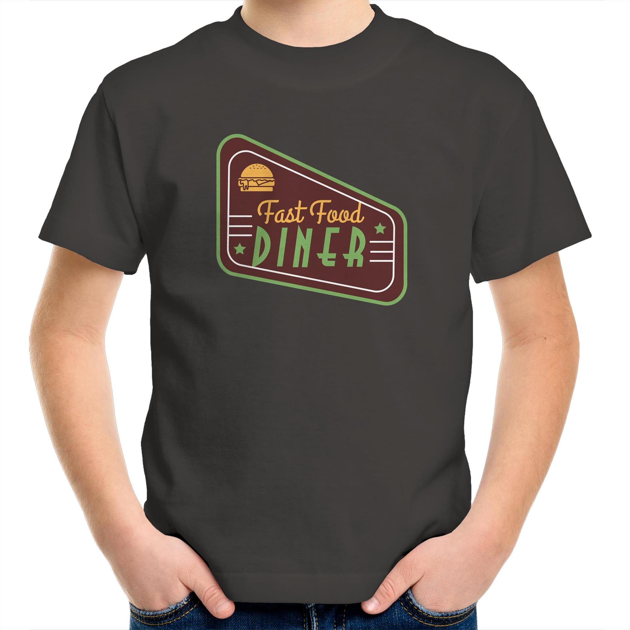 Fast Food Diner Sign - Kids Youth T-Shirt Charcoal Kids Youth T-shirt Food Printed In Australia Retro