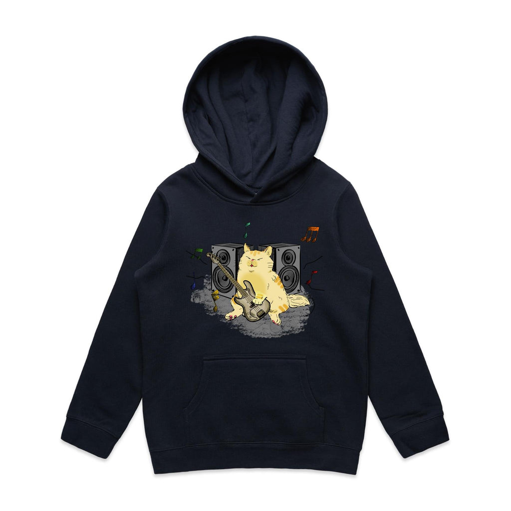 Cat Bass Player - Kids Hoodie Navy Kids Hoodie Printed In Australia