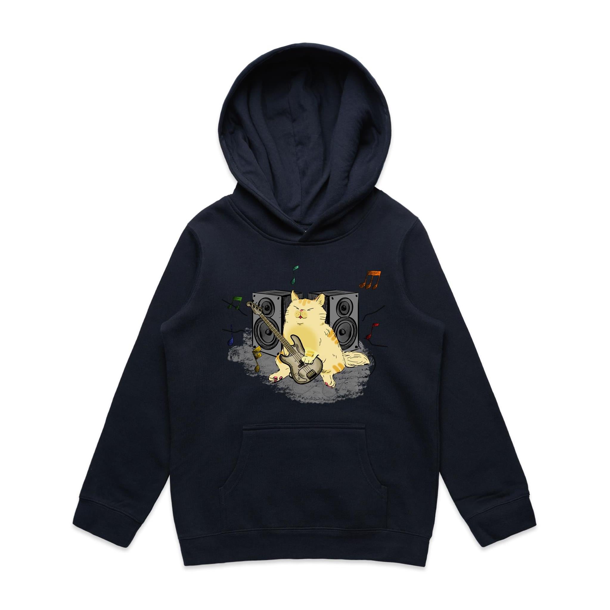 Cat Bass Player - Kids Hoodie Navy Kids Hoodie Printed In Australia