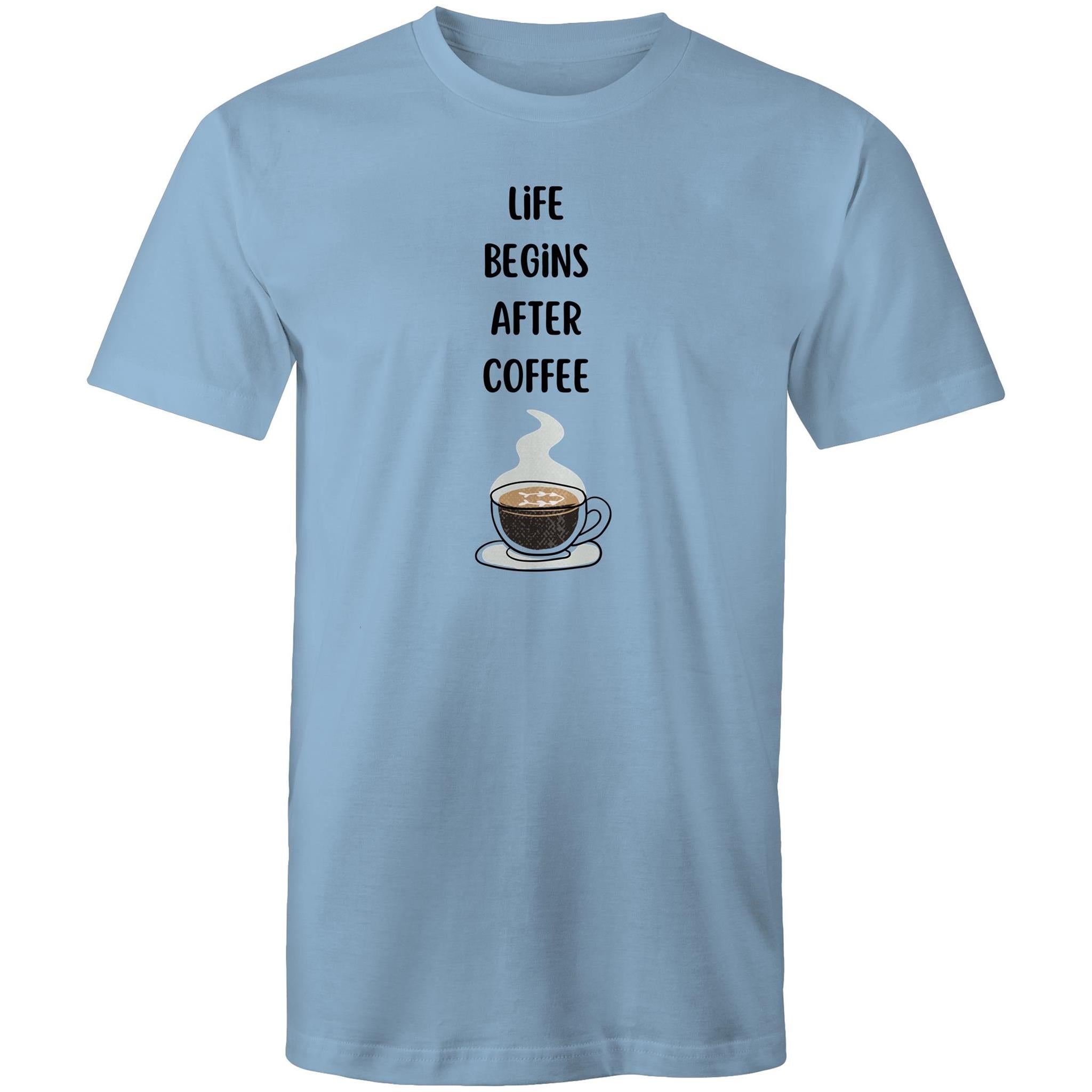 Life Begins After Coffee - Mens T-Shirt Carolina Blue Mens T-shirt Coffee Printed In Australia