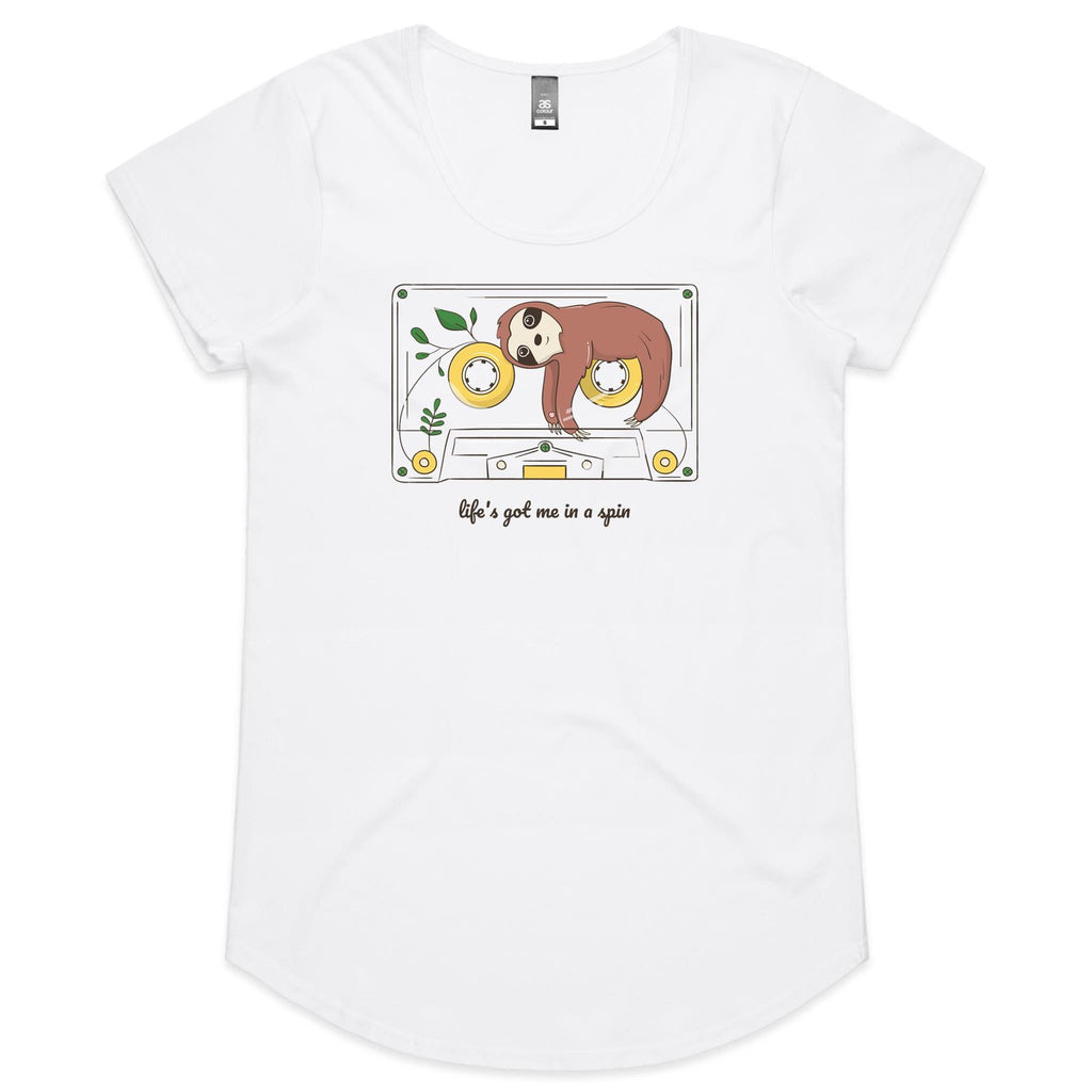 Life's Got Me In A Spin, Sloth, Cassette Tape - Womens Scoop Neck T-Shirt White Womens Scoop Neck T-shirt animal Music Printed In Australia