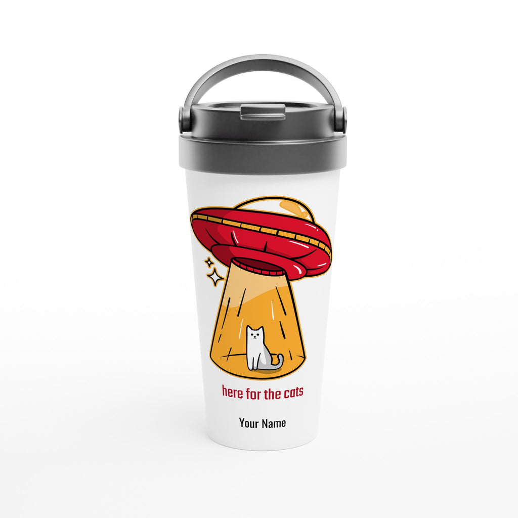Personalised - Here For The Cats, Alien Abduction, UFO - White 15oz Stainless Steel Travel Mug Default Title Personalised Travel Mug animal Globally Fulfilled Sci Fi