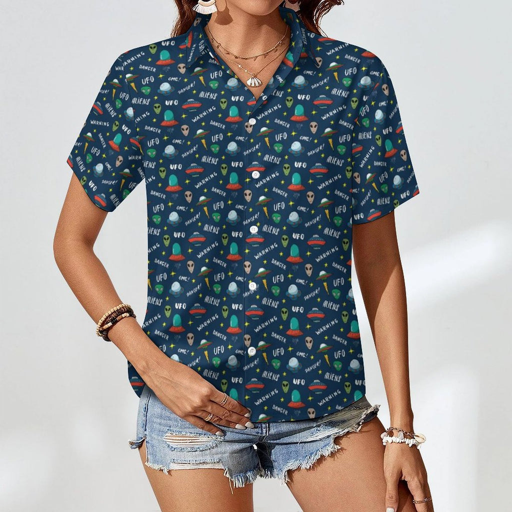 UFO's And Aliens Women's Collared Pocketless Short Sleeve Shirt