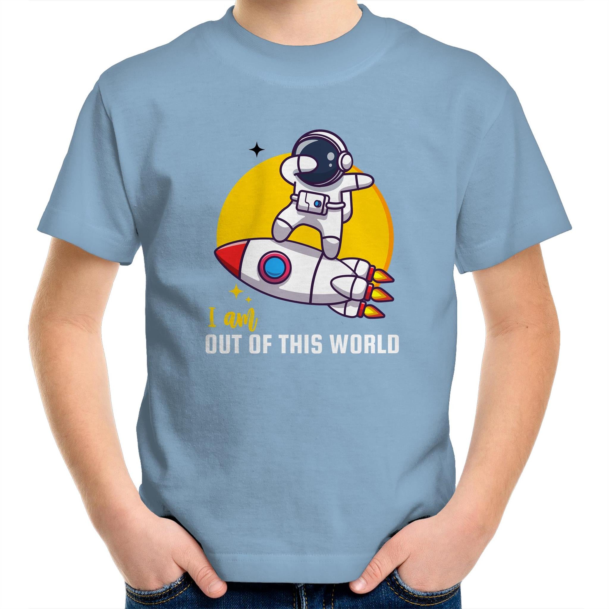 I Am Out Of This World, Astronaut - Kids Youth T-Shirt Carolina Blue Kids Youth T-shirt Printed In Australia Space