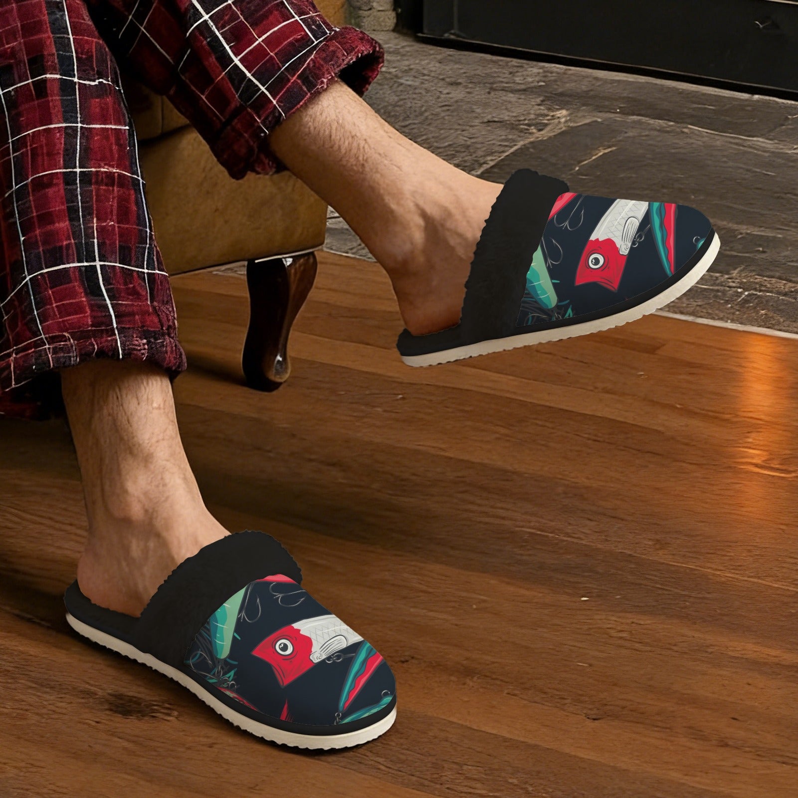 Fishing Lures Men's Fur Trim Thick-Sole Indoor Slippers Men's Fur Trimmed Slippers animal Ocean Printed Offshore