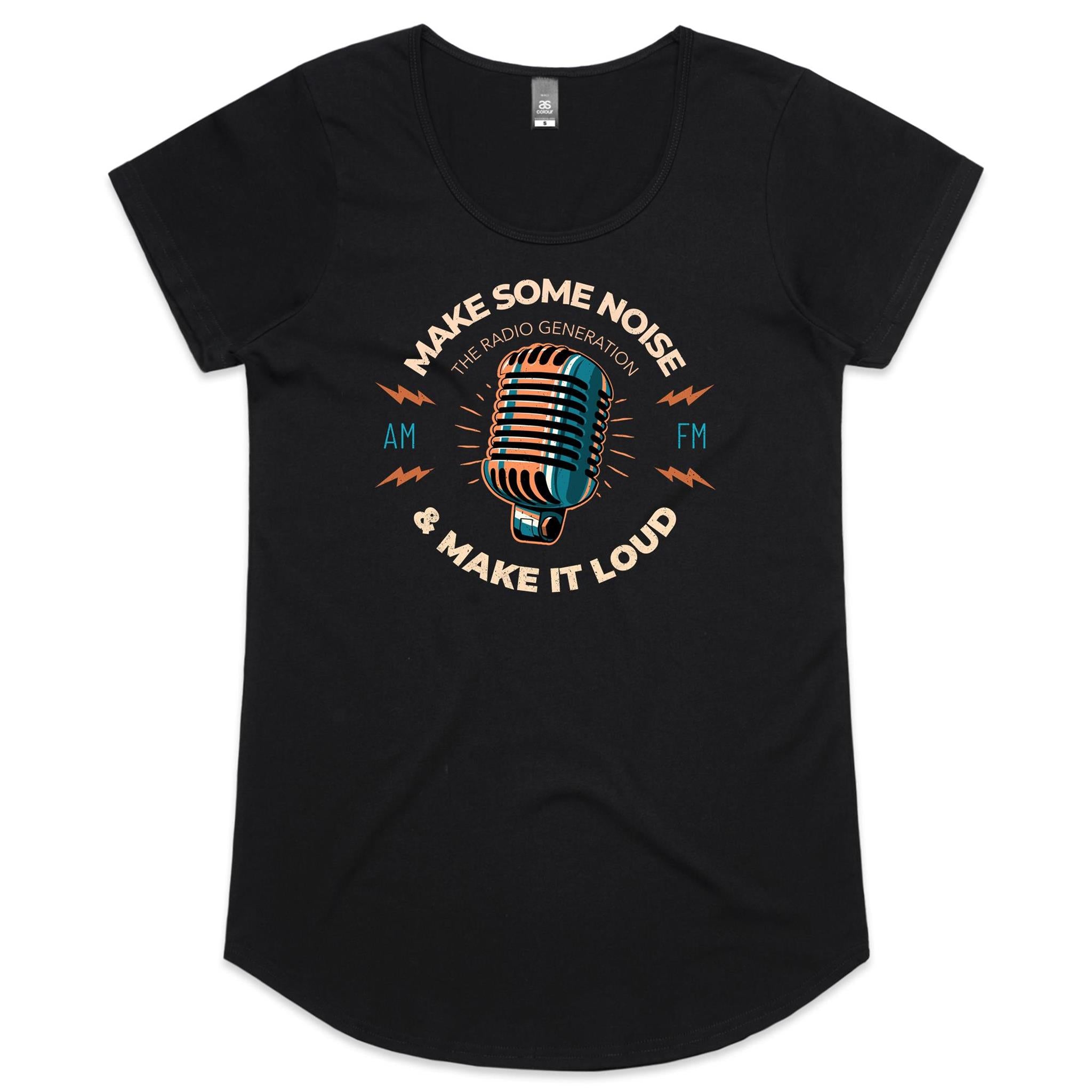 Make Some Noise, Retro Microphone - Womens Scoop Neck T-Shirt Black Womens Scoop Neck T-shirt Music Printed In Australia Retro