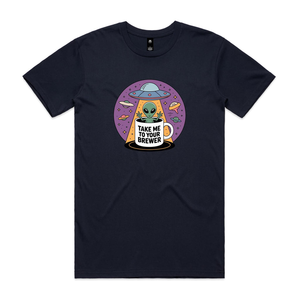 Coffee, Alien, UFO, Take Me To Your Brewer Men's AS Colour T-shirt Navy Mens T-shirt Coffee Printed In Australia Sci Fi