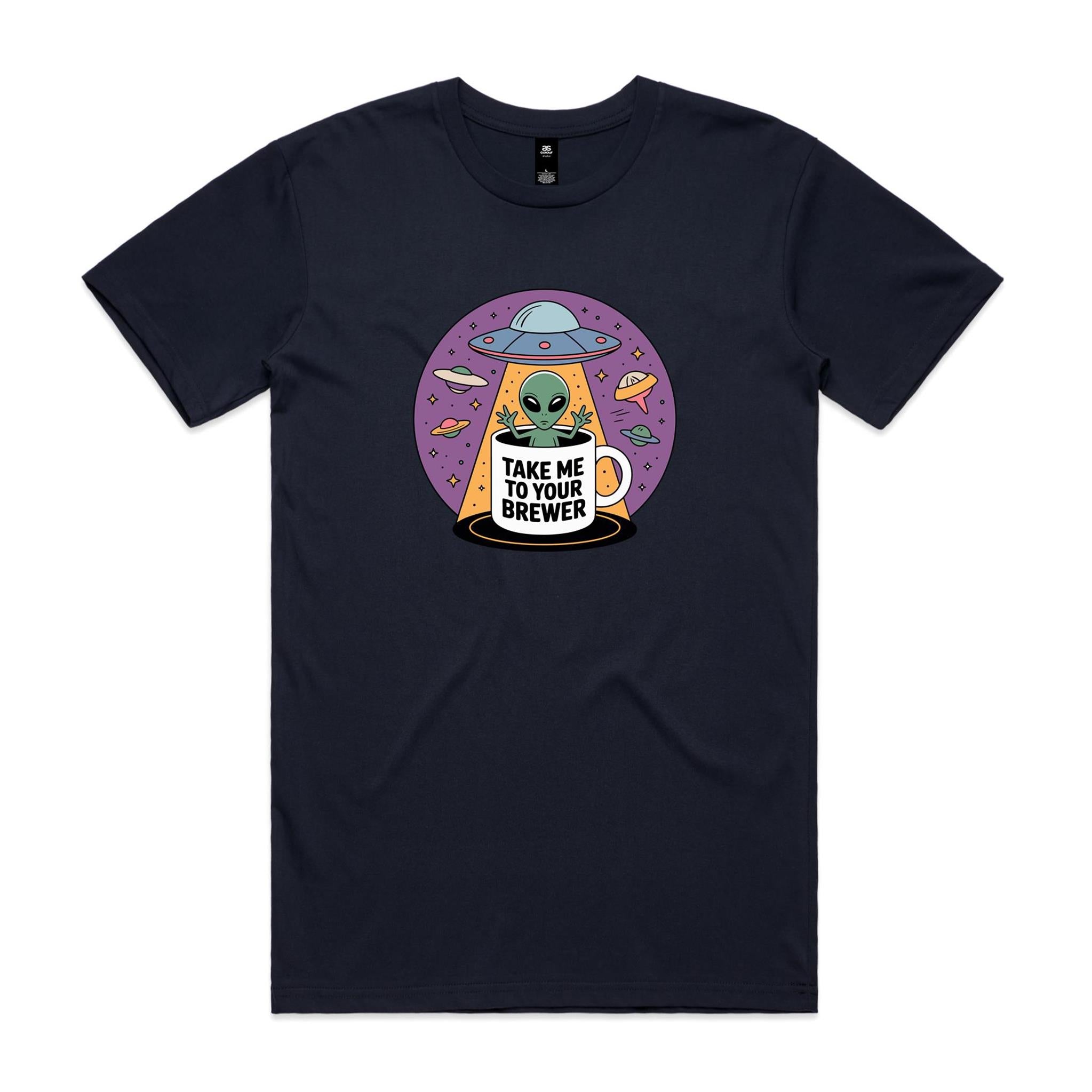 Coffee, Alien, UFO, Take Me To Your Brewer Men's AS Colour T-shirt Navy Mens T-shirt Coffee Printed In Australia Sci Fi