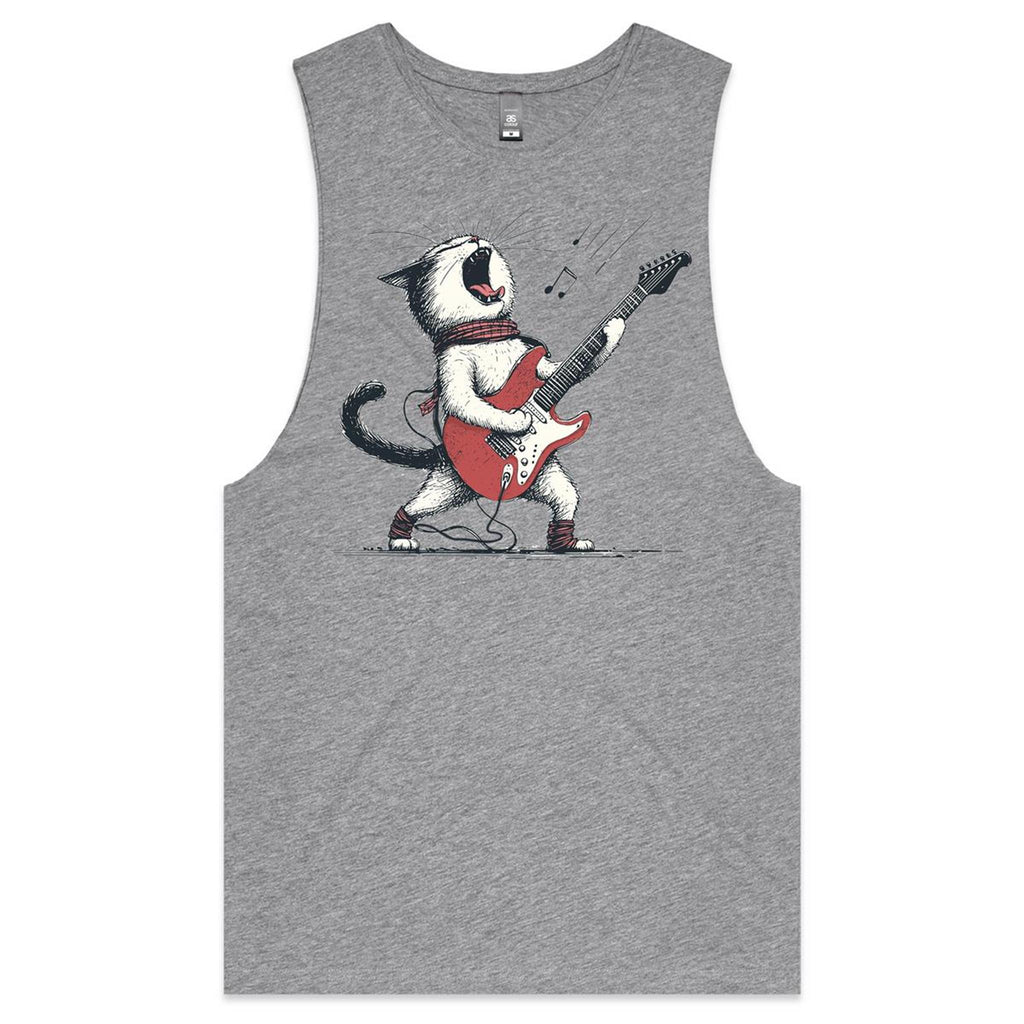 Cat Playing Guitar Mens Men's AS Colour Drop Arm Tank Top Grey Marle Drop Arm Tank Top animal Music Printed In Australia