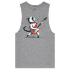 Cat Playing Guitar Mens Men's AS Colour Drop Arm Tank Top Grey Marle Drop Arm Tank Top animal Music Printed In Australia