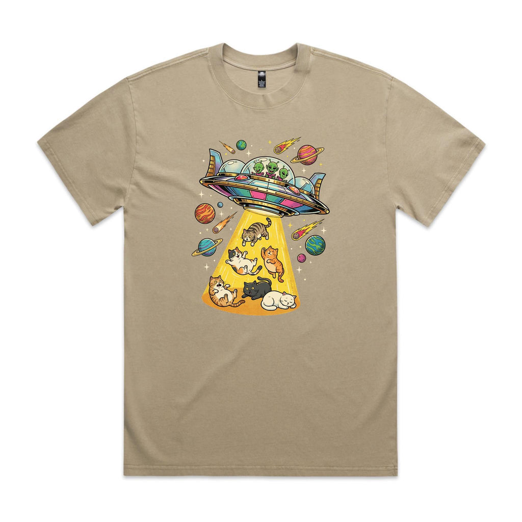 UFO Cat Abduction AS Colour Heavy Faded Tee Unisex Faded khaki Heavy Faded T-shirt animal Printed In Australia Sci Fi
