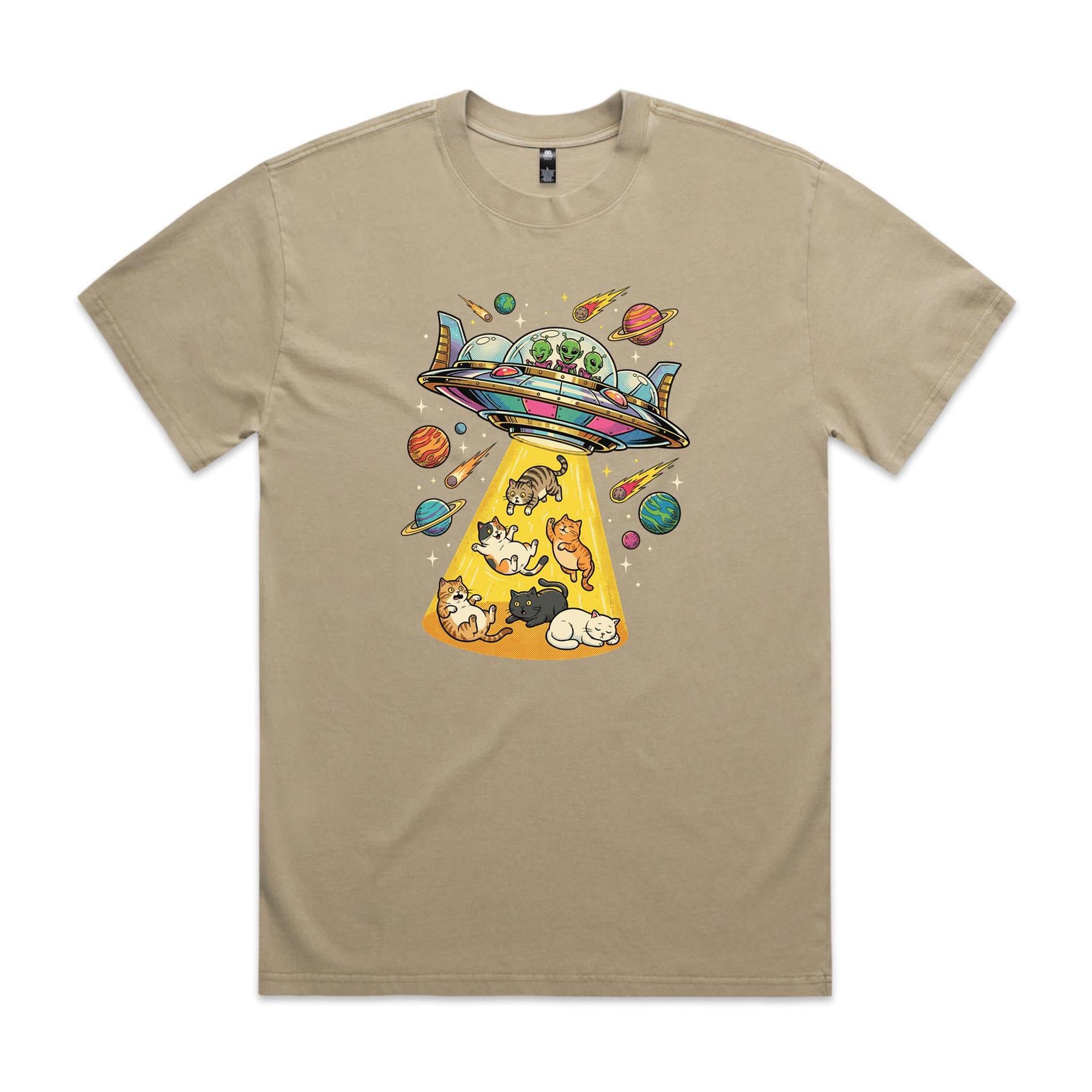 UFO Cat Abduction AS Colour Heavy Faded Tee Unisex Faded khaki Heavy Faded T-shirt animal Printed In Australia Sci Fi