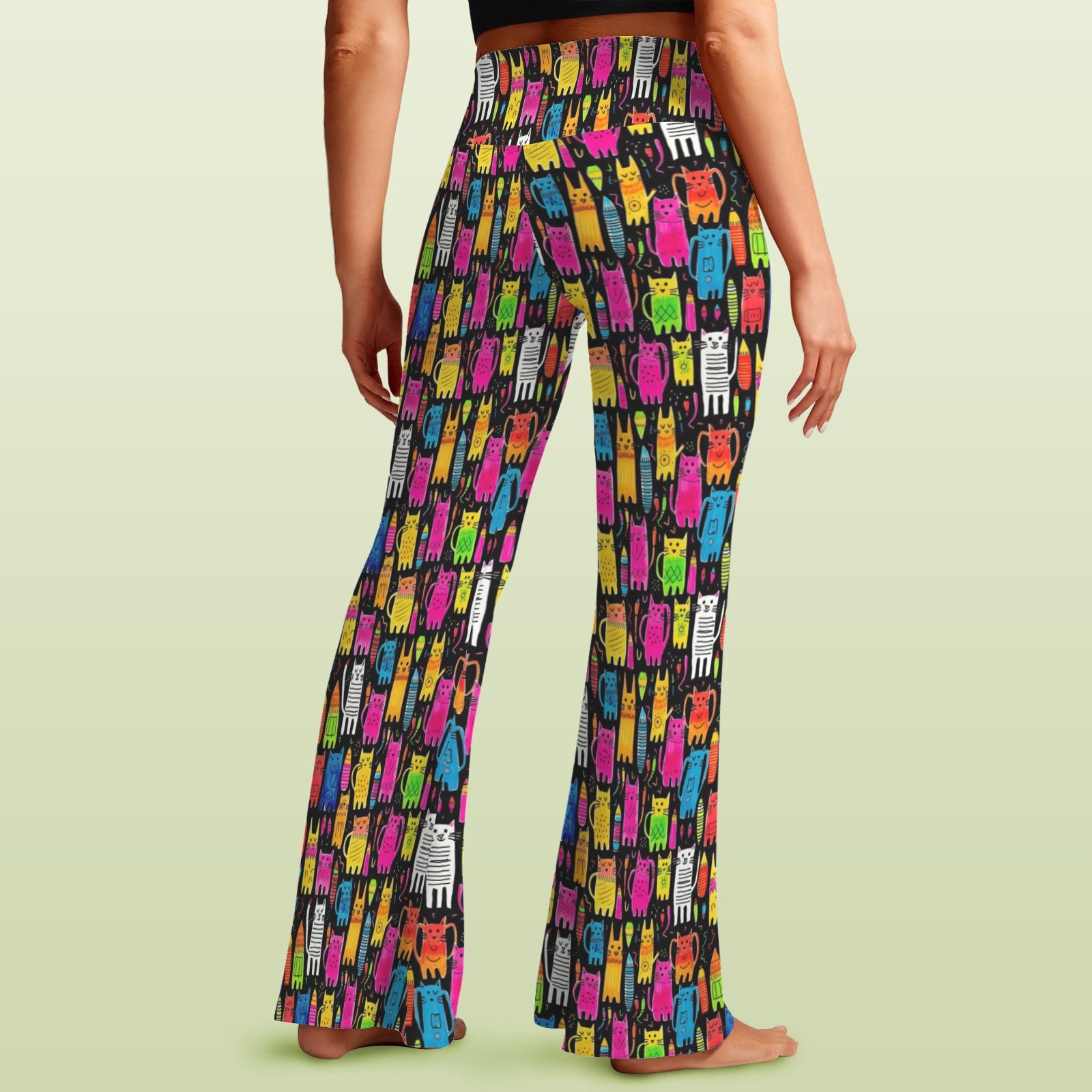 Colourful Cats High Waist Crossover Tummy Control Flare Leggings High Waist Flare Leggings animal Printed Offshore