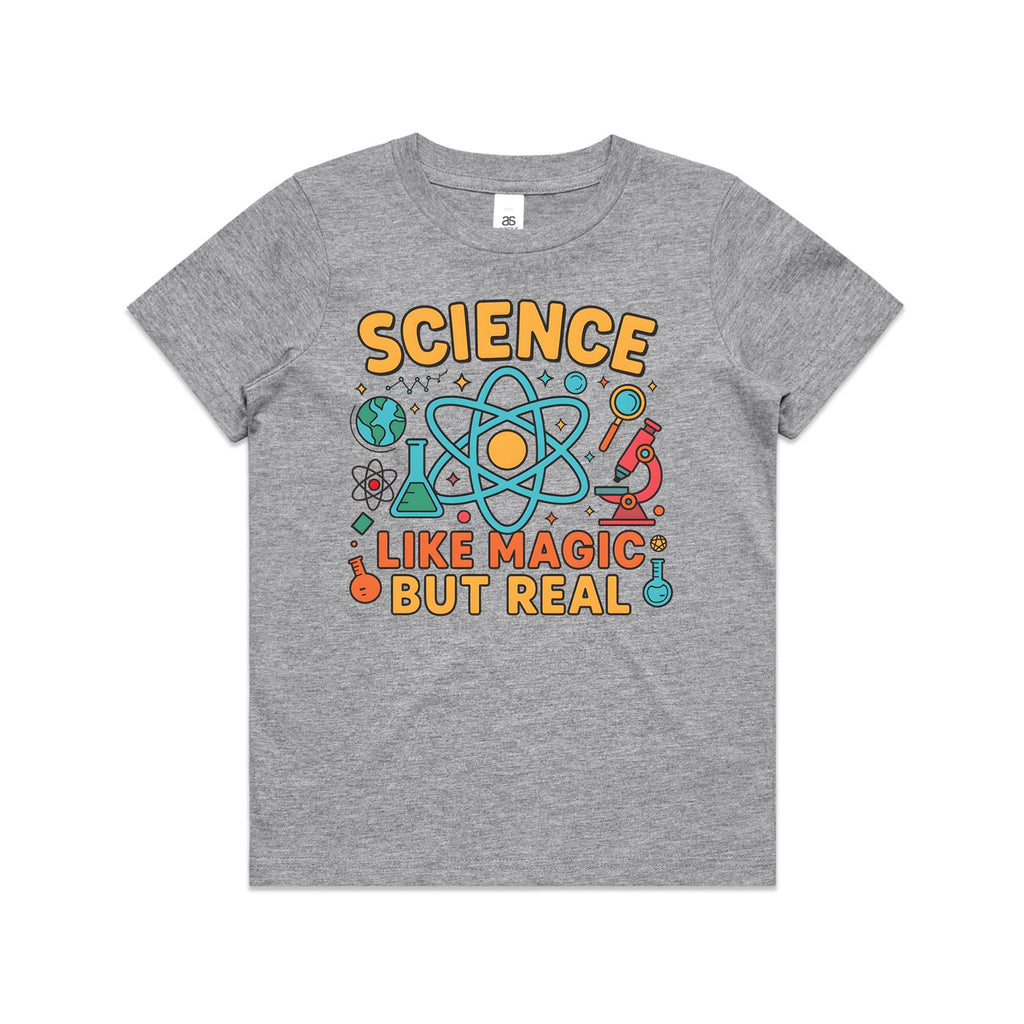 Science, Like Magic But Real Kid's AS Colour T-shirt Grey Marle Kids Youth T-shirt Printed In Australia Science