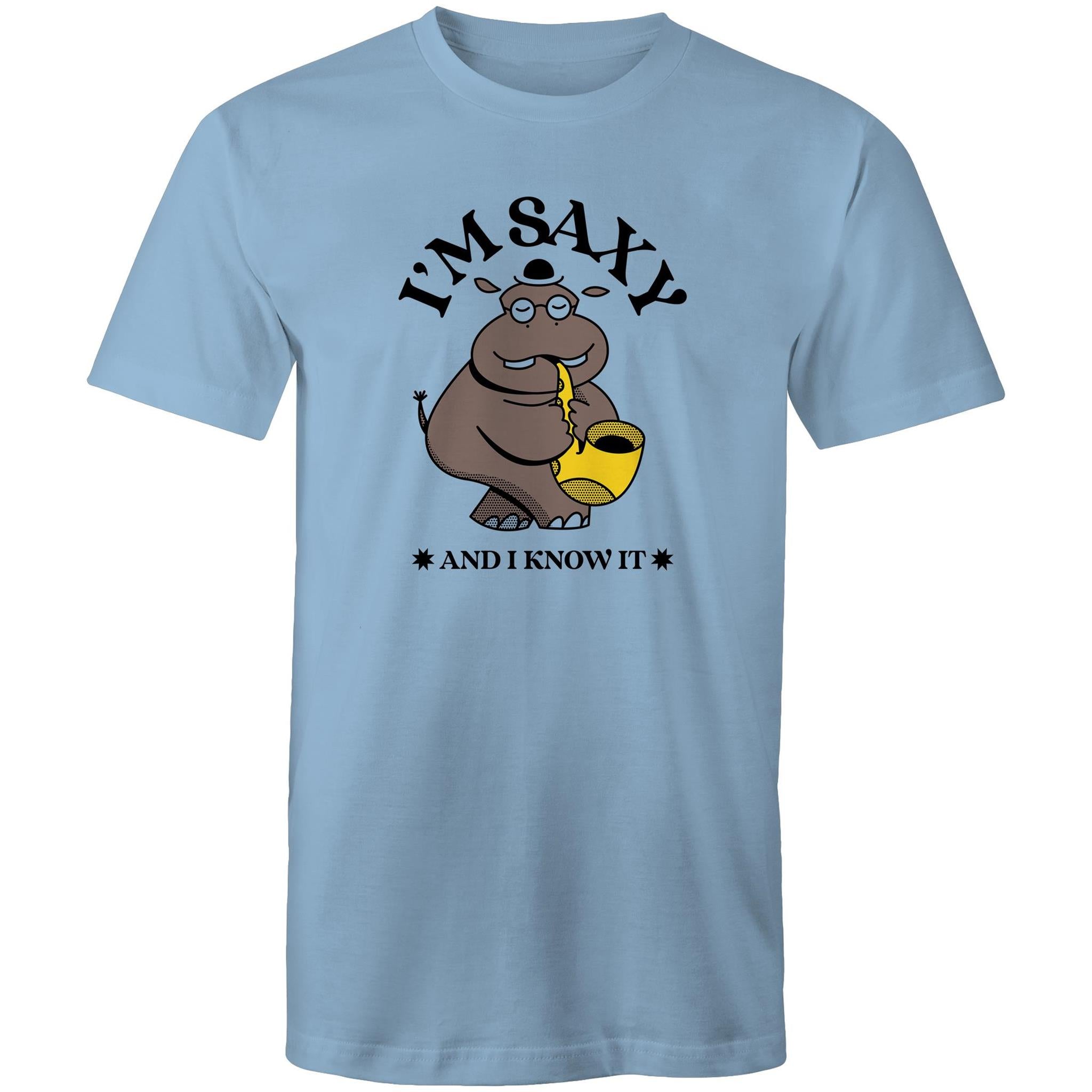 I'm Saxy And I Know It, Saxophone Hippo - Mens T-Shirt Carolina Blue Mens T-shirt animal Music Printed In Australia