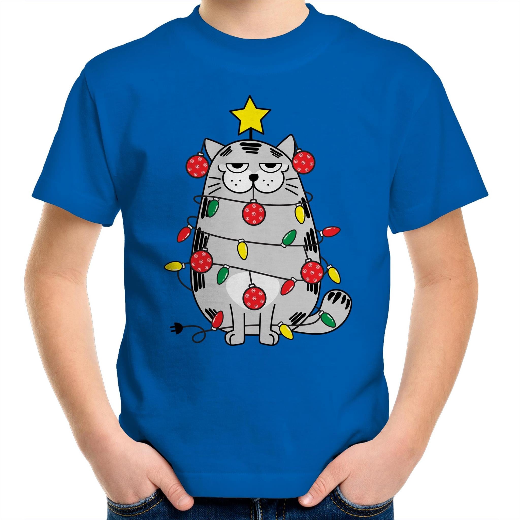 Christmas Cat - Kids Youth T-Shirt Bright Royal Kids Christmas T-shirt Christmas Printed In Australia