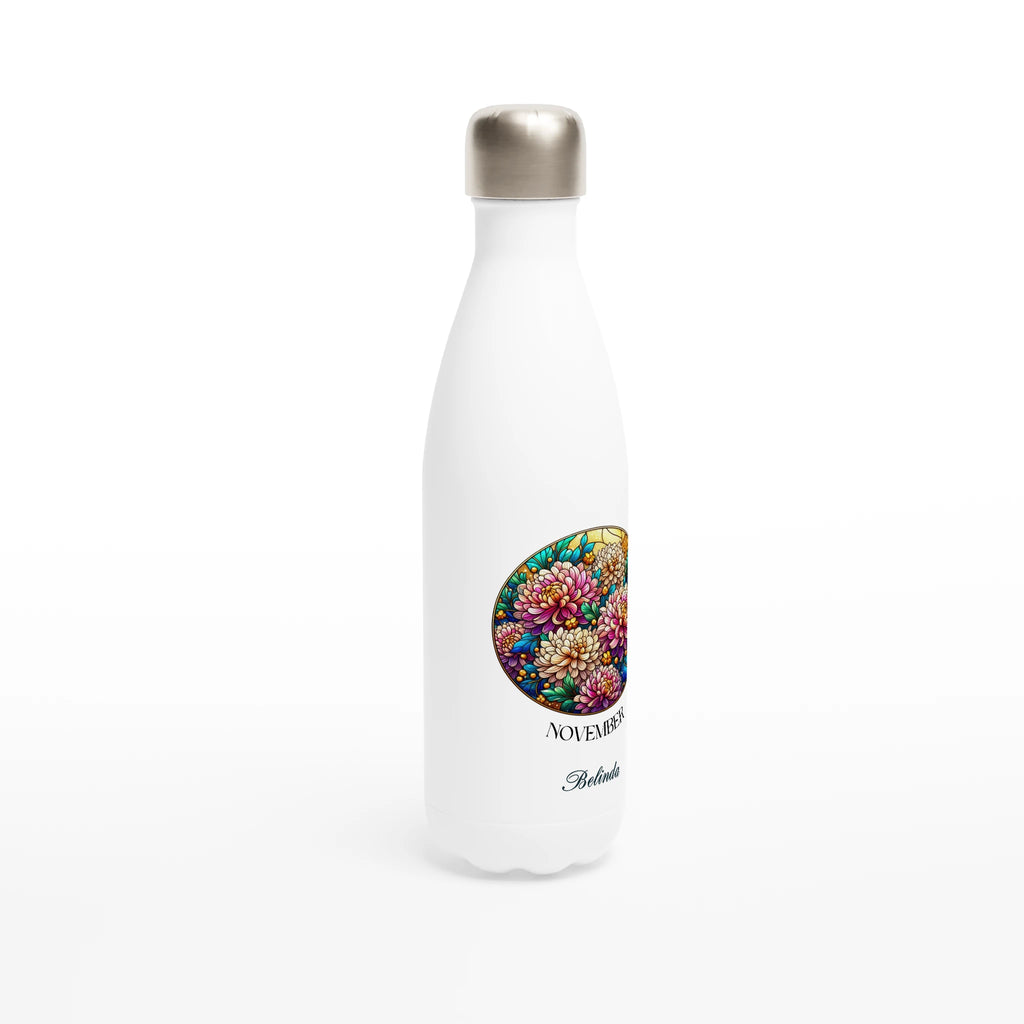 Stained Glass Birth Month Flowers - White 17oz Stainless Steel Water Bottle Personalised Water Bottle Birthday customise Globally Fulfilled Name personalise Plants