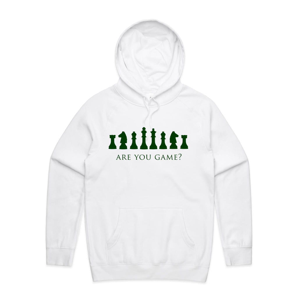 Are You Game, Chess - Mens Hoodie White Mens Hoodie Chess Games Printed In Australia