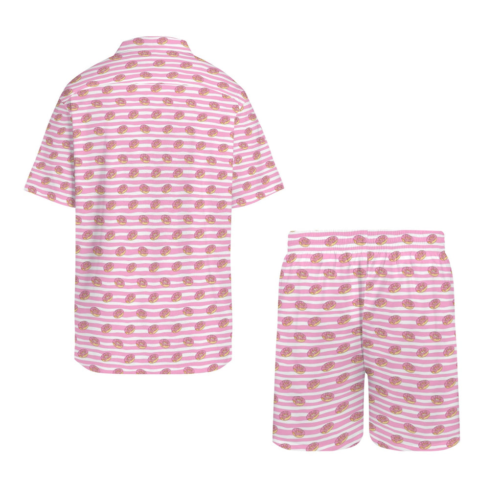 Pink Donut Stripes Men's Hawaiian Shirt & Shorts Set Men's Hawaiian Shirt & Shorts Set Food Printed Offshore
