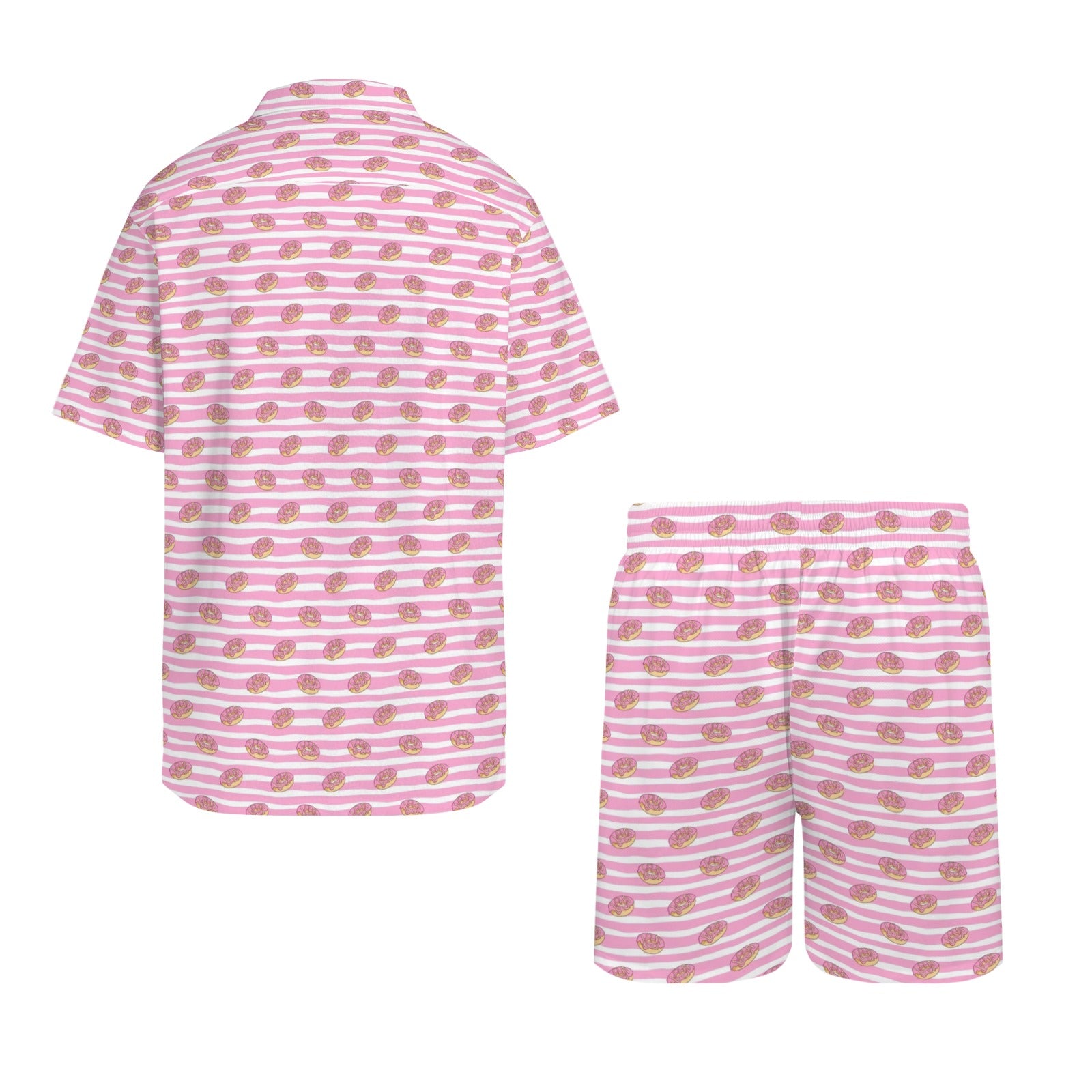 Pink Donut Stripes Men's Hawaiian Shirt & Shorts Set Men's Hawaiian Shirt & Shorts Set Food Printed Offshore