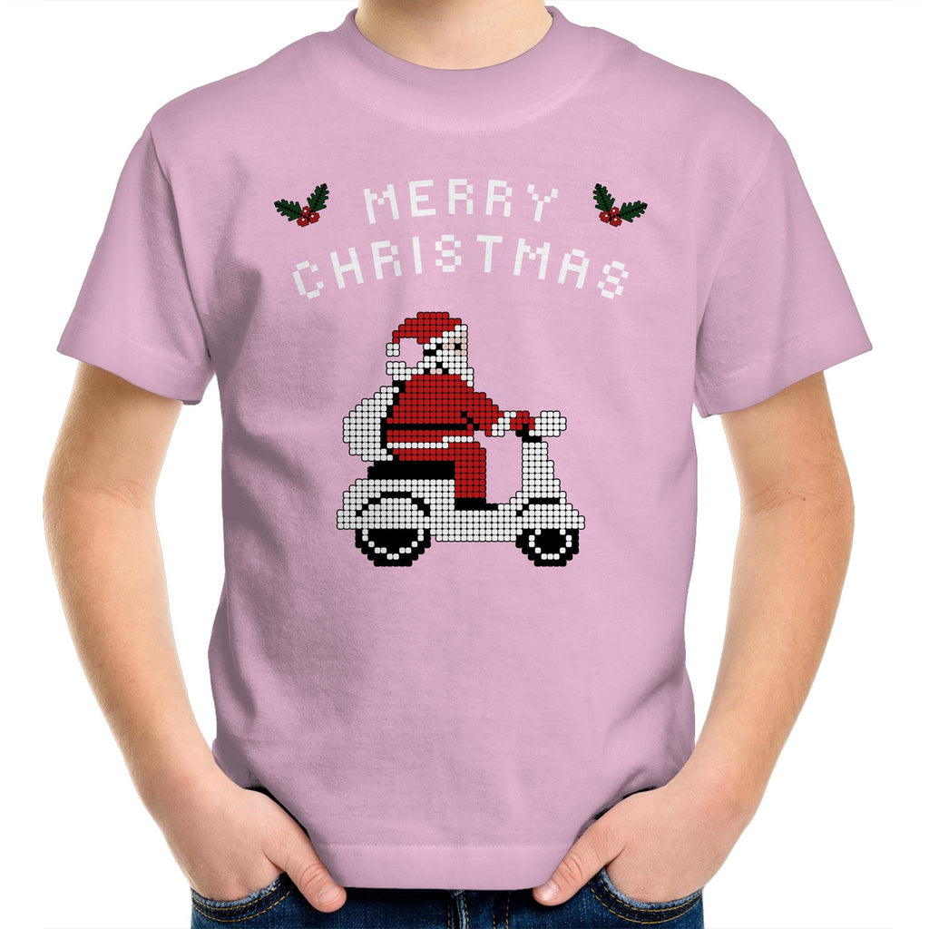 Scooter Santa - Kids Youth T-Shirt Pink Kids Christmas T-shirt Christmas Printed In Australia