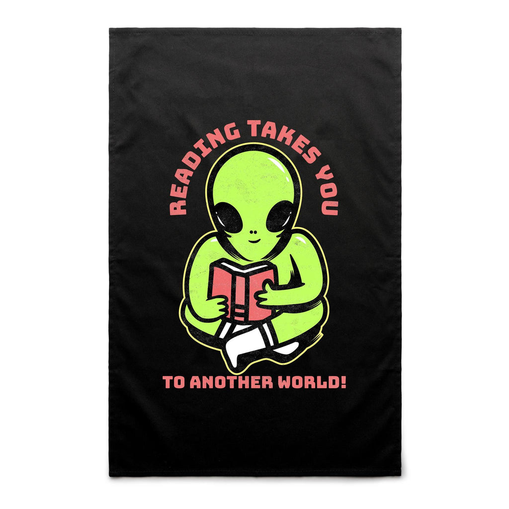 Reading Takes You To Another World - AS Colour Tea Towel Black One Size Tea Towel Printed In Australia Reading Sci Fi