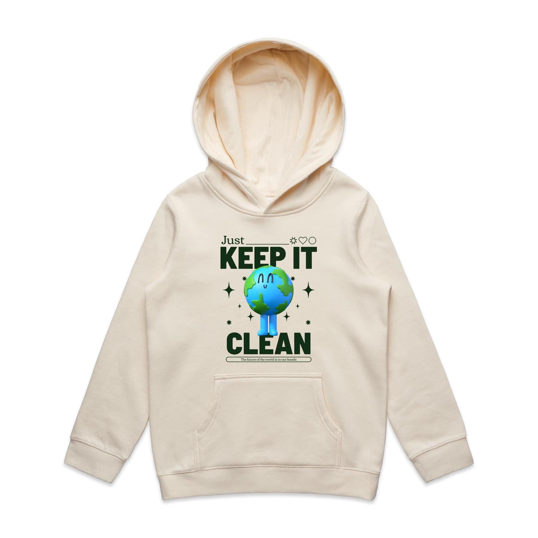 Earth, Just Keep It Clean - Kids Hoodie Ecru Kids Hoodie Printed In Australia
