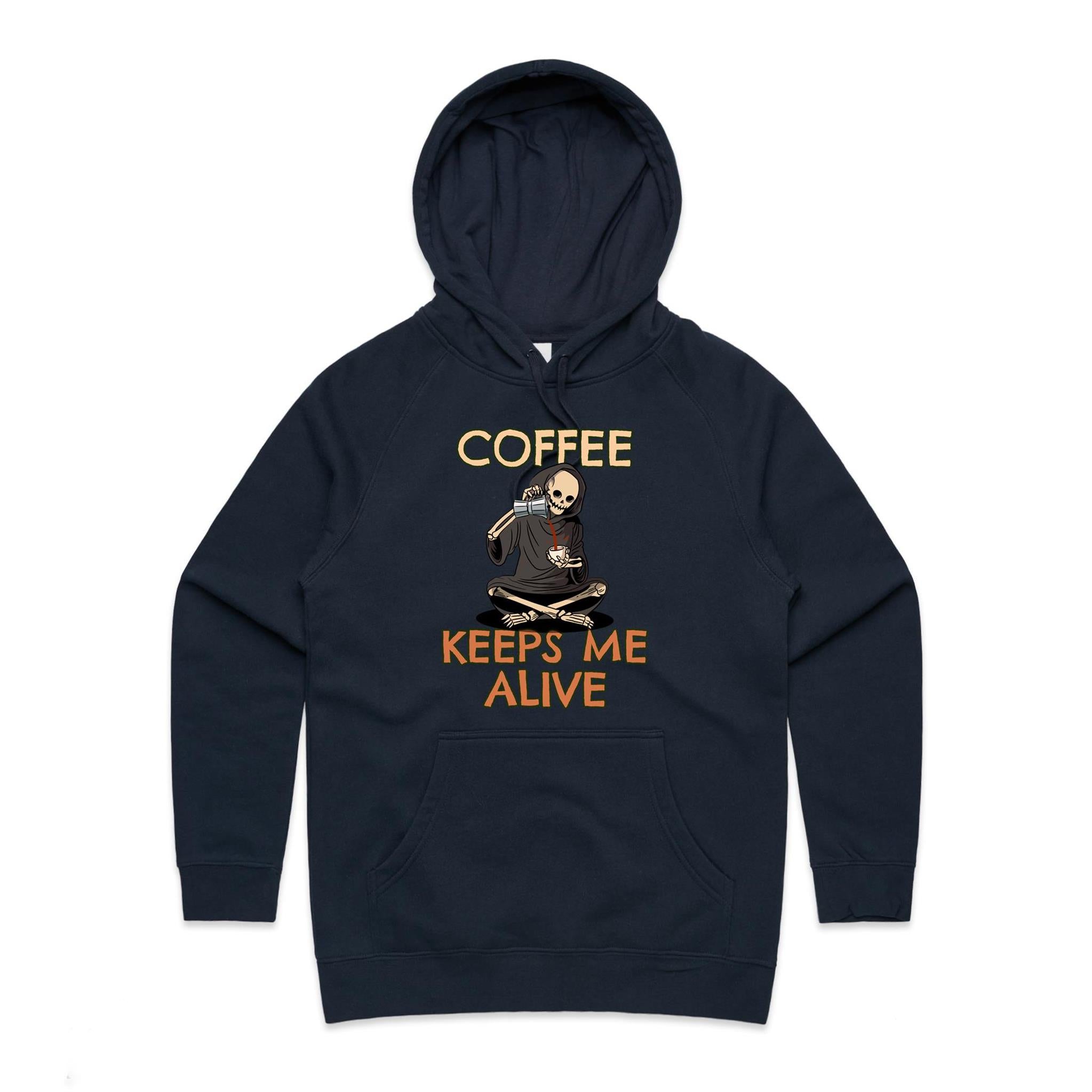 Coffee Keeps Me Alive, Skeleton - Womens Hoodie Navy Womens Hoodie Coffee Printed In Australia