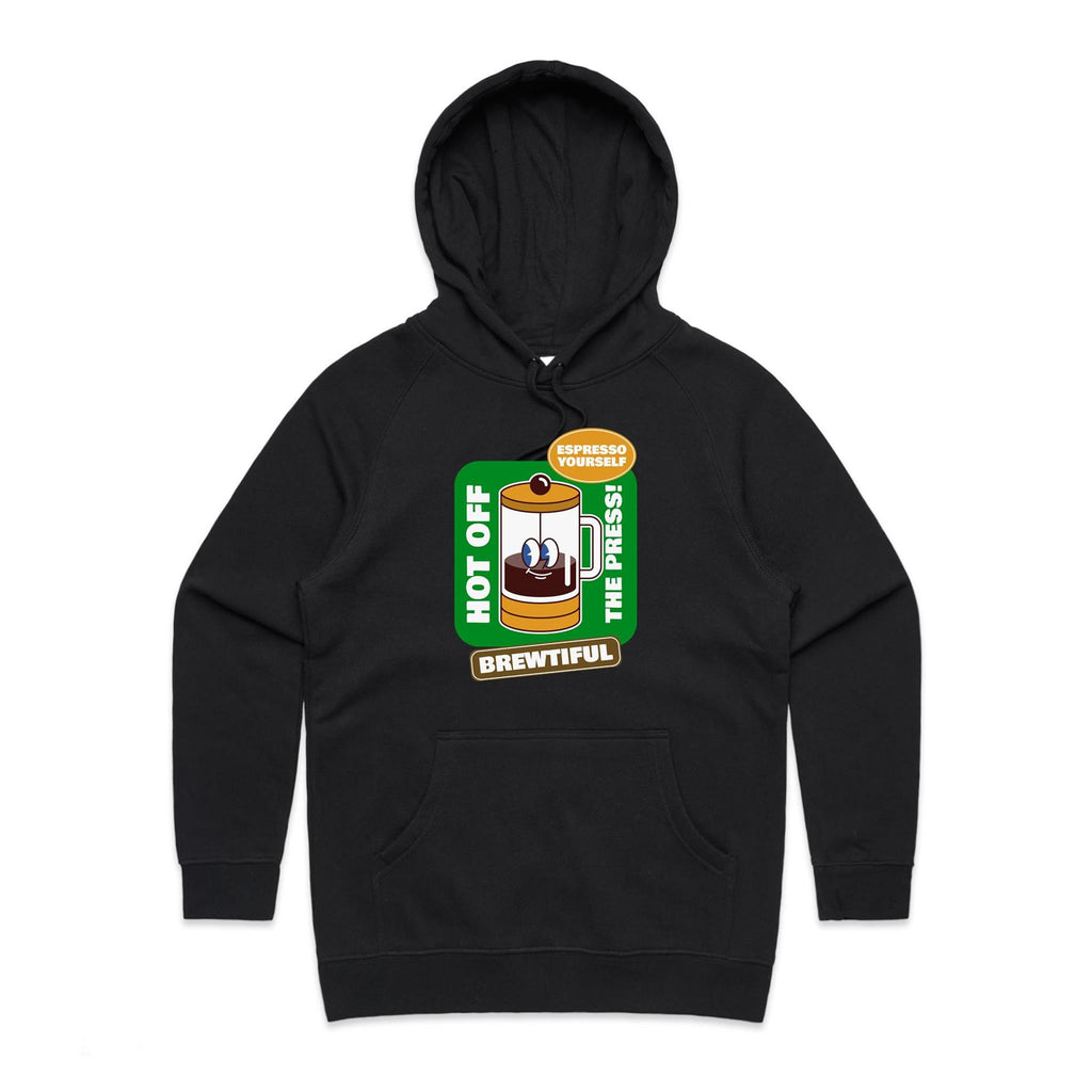 Brewtiful, Coffee Press - Womens Hoodie Black Womens Hoodie Coffee Printed In Australia