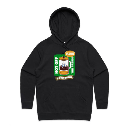 Brewtiful, Coffee Press - Womens Hoodie Black Womens Hoodie Coffee Printed In Australia