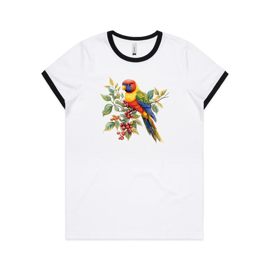 Lorikeet, Australian Birds - Women's Ringer Tee White Black Womens Ringer T-shirt animal Printed In Australia
