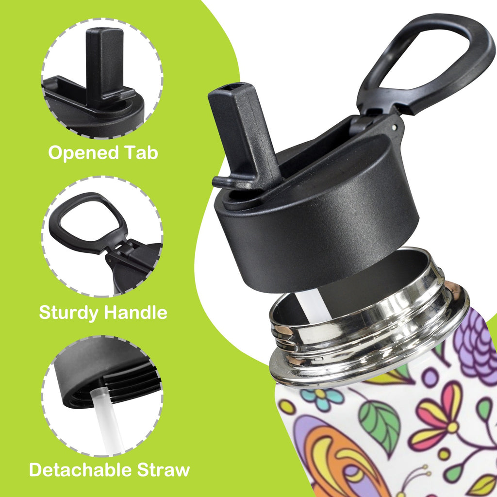 Hippie Butterfly And Flowers 12oz Kids Water Bottle with Straw Lid