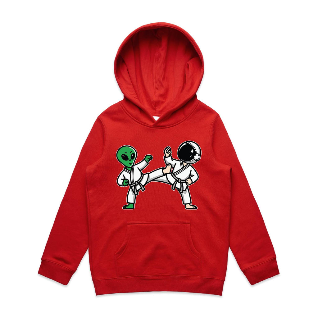 Alien And Astronaut Karate - Kids Hoodie Red Kids Hoodie Printed In Australia