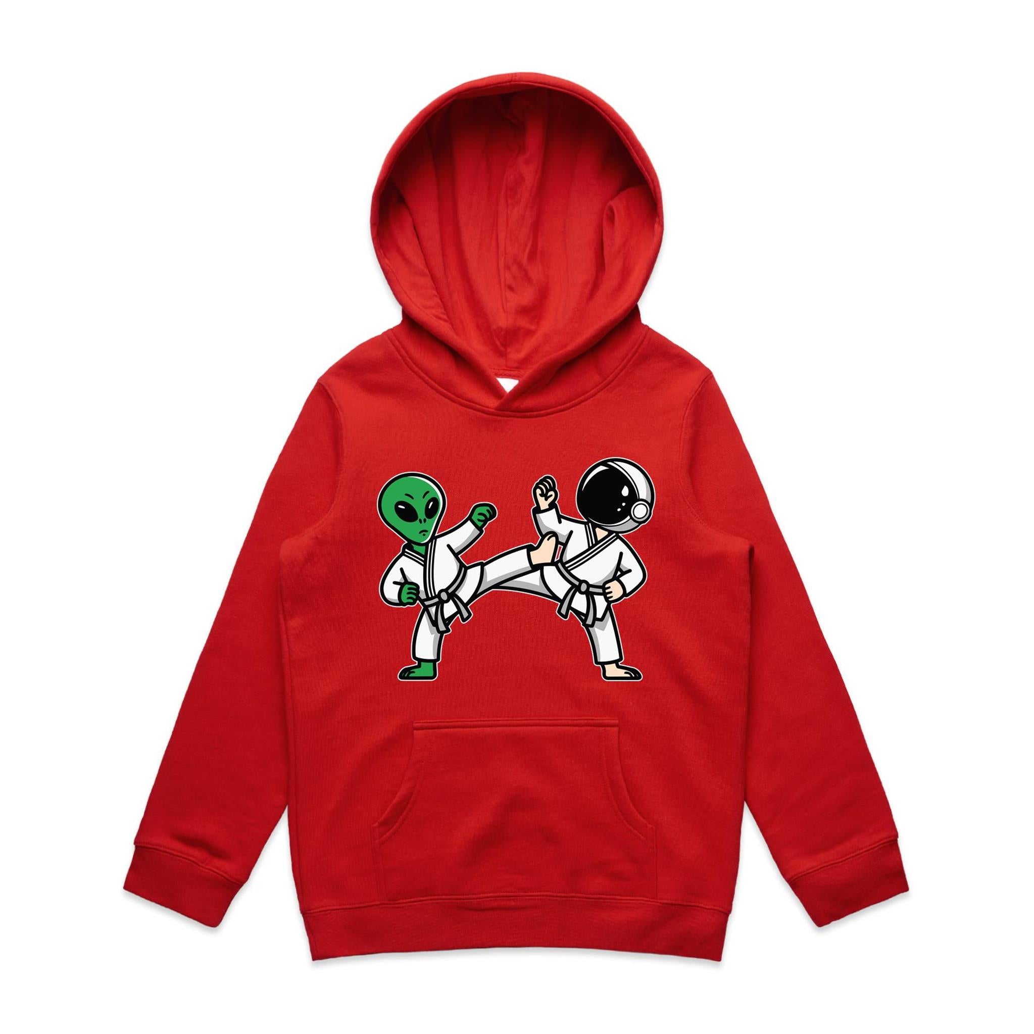 Alien And Astronaut Karate - Kids Hoodie Red Kids Hoodie Printed In Australia
