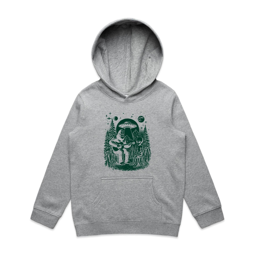 Alien And Bigfoot Playing Guitar - Kids Hoodie Grey Marle Kids Hoodie Printed In Australia