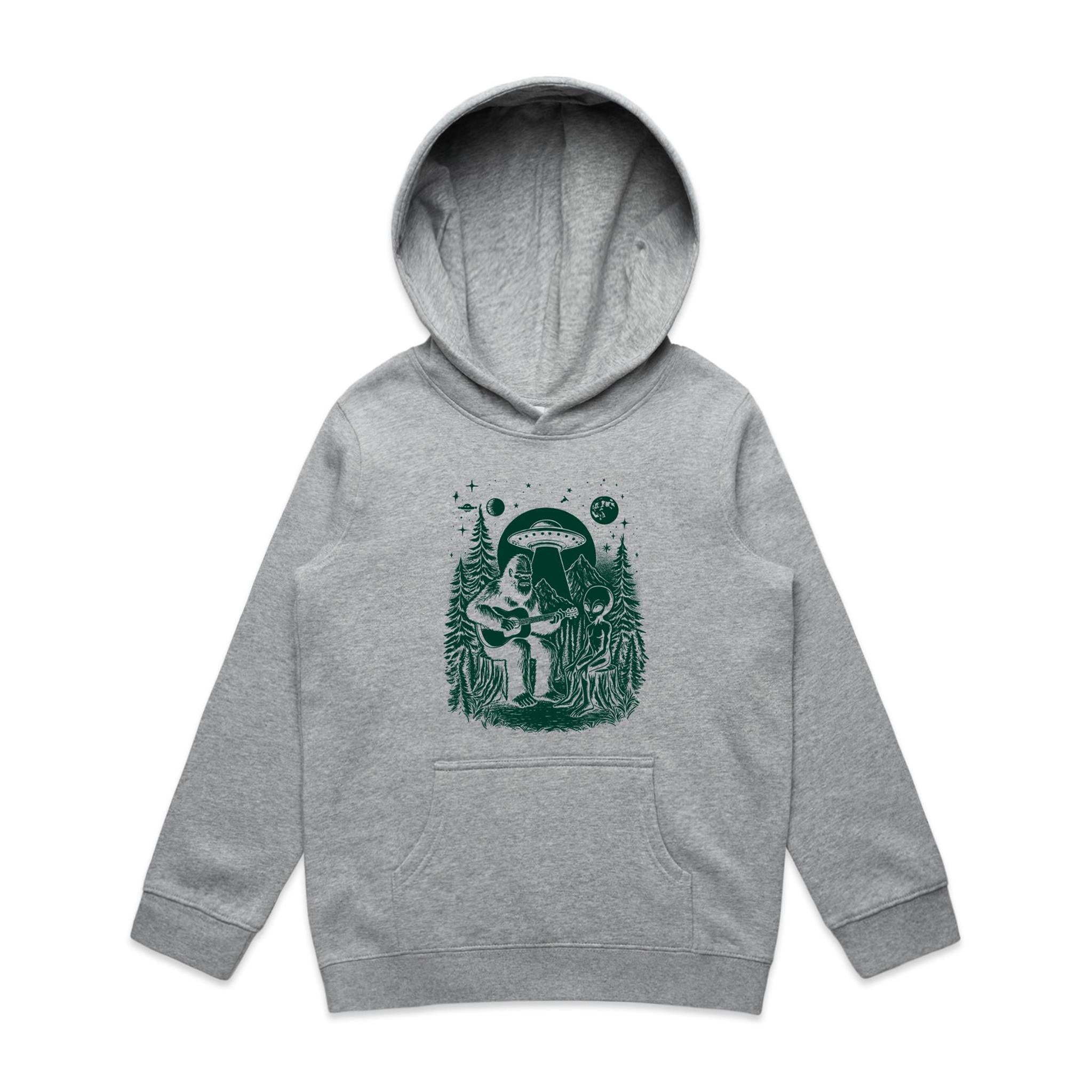 Alien And Bigfoot Playing Guitar - Kids Hoodie Grey Marle Kids Hoodie Printed In Australia