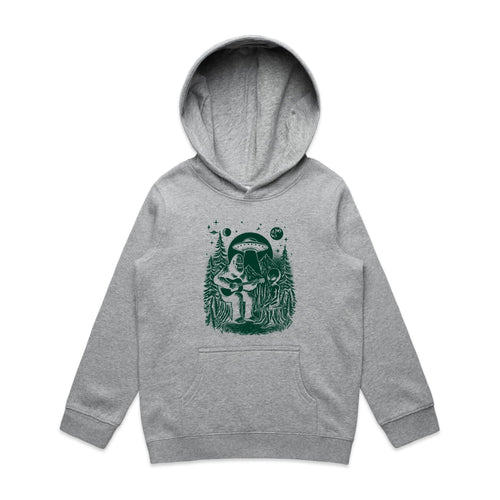 Alien And Bigfoot Playing Guitar - Kids Hoodie Grey Marle Kids Hoodie Printed In Australia