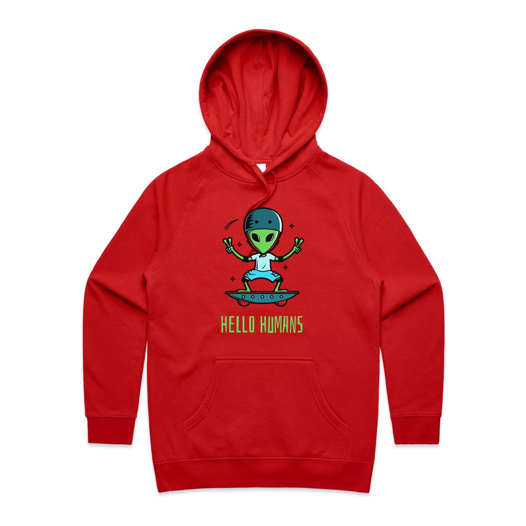 Alien, Hello Humans - Womens Hoodie Red Womens 2XL Womens Hoodie Printed In Australia Sci Fi