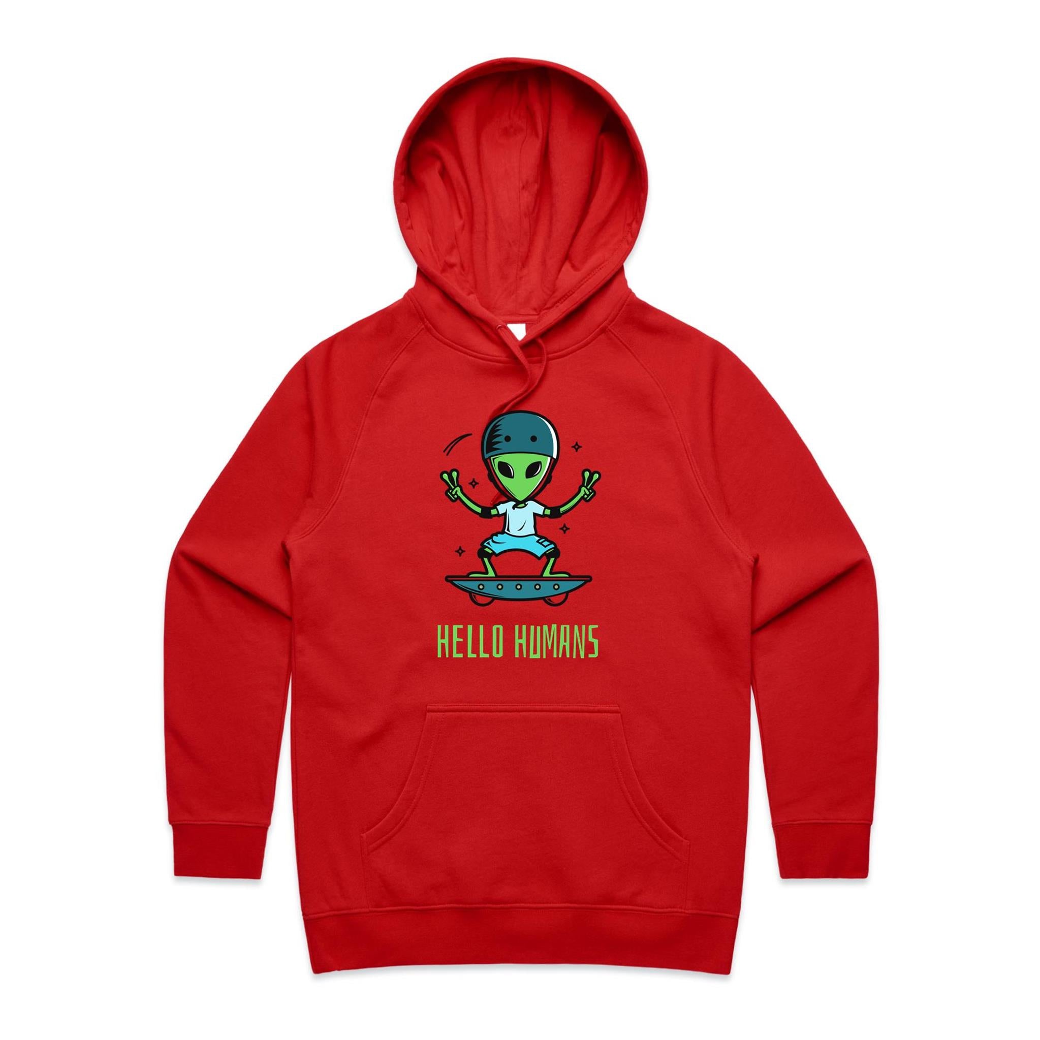 Alien, Hello Humans - Womens Hoodie Red Womens 2XL Womens Hoodie Printed In Australia Sci Fi