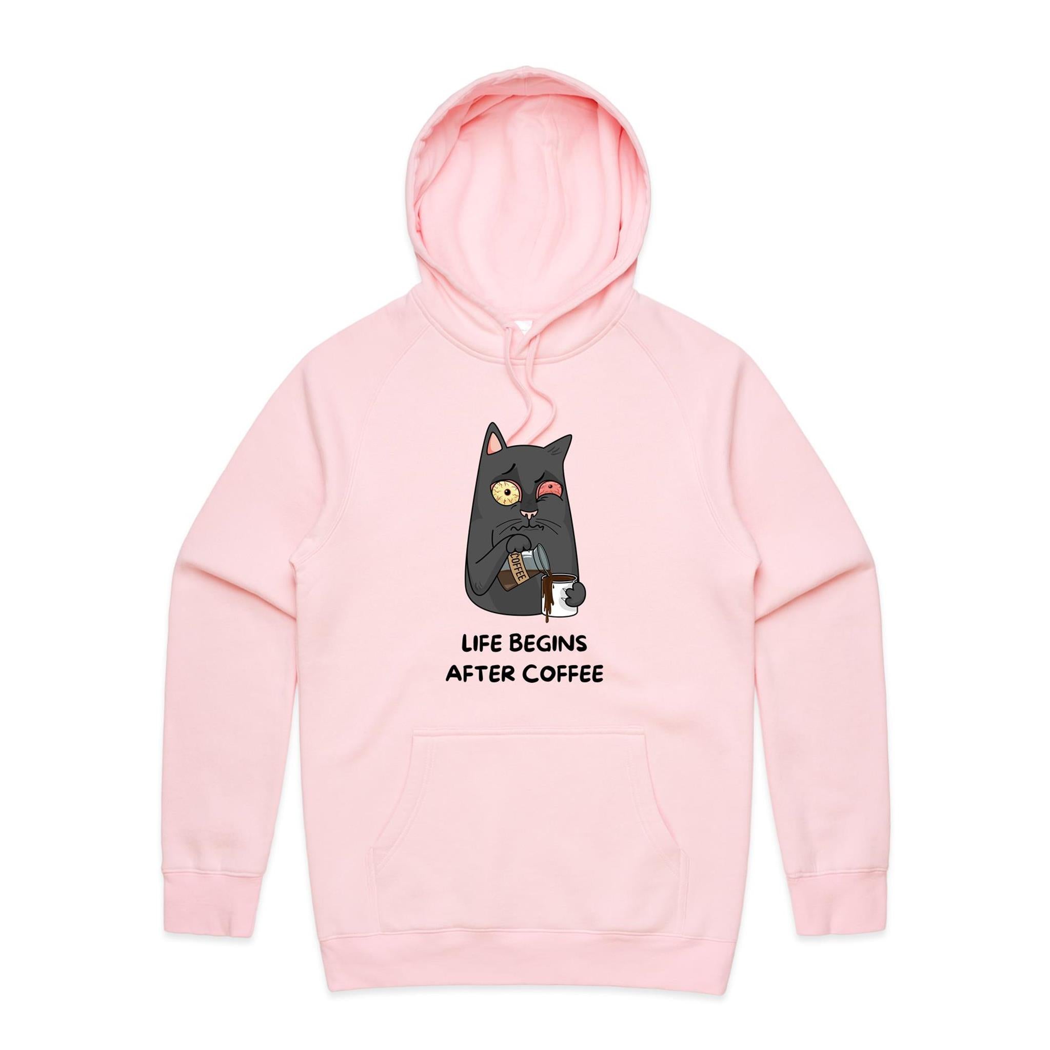 Life Begins After Coffee, Cat - Mens Hoodie Pink Mens Hoodie animal Coffee Printed In Australia