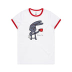Wake Up, Coffee Rabbit - Women's Ringer Tee White Red Womens Ringer T-shirt animal Coffee Printed In Australia