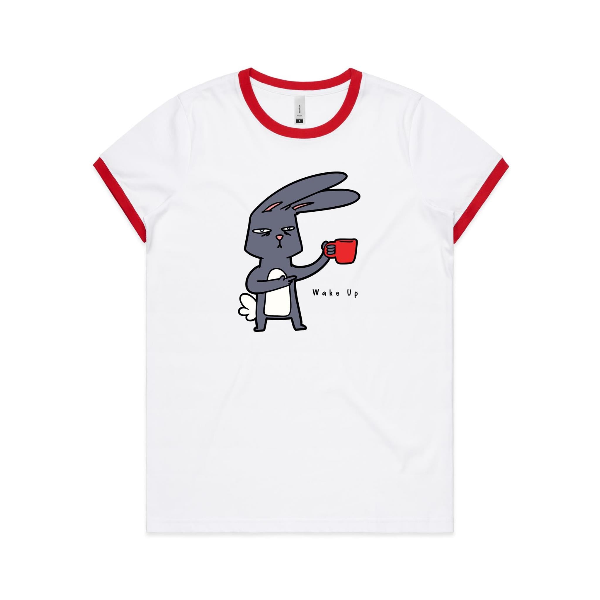 Wake Up, Coffee Rabbit - Women's Ringer Tee White Red Womens Ringer T-shirt animal Coffee Printed In Australia