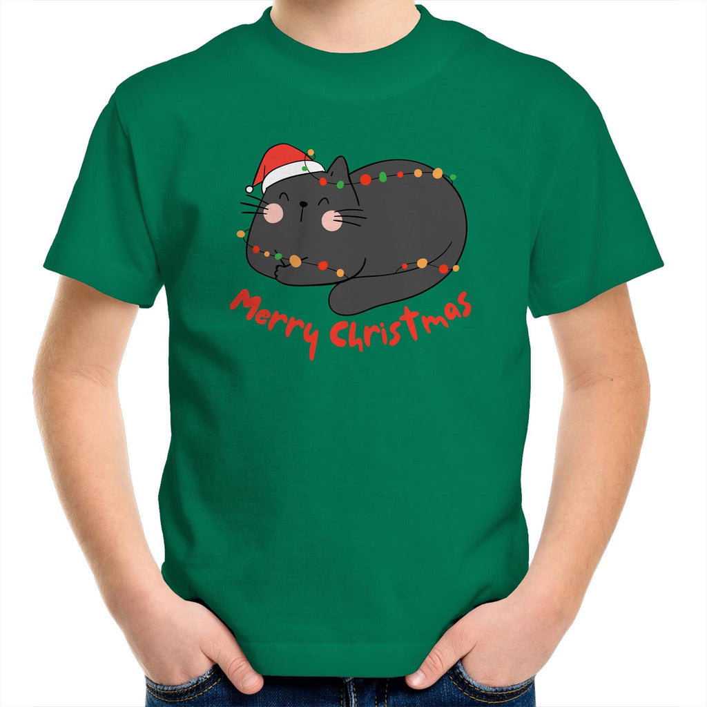 Cat Merry Christmas - Kids Youth T-Shirt Kelly Green Kids Christmas T-shirt Christmas Printed In Australia