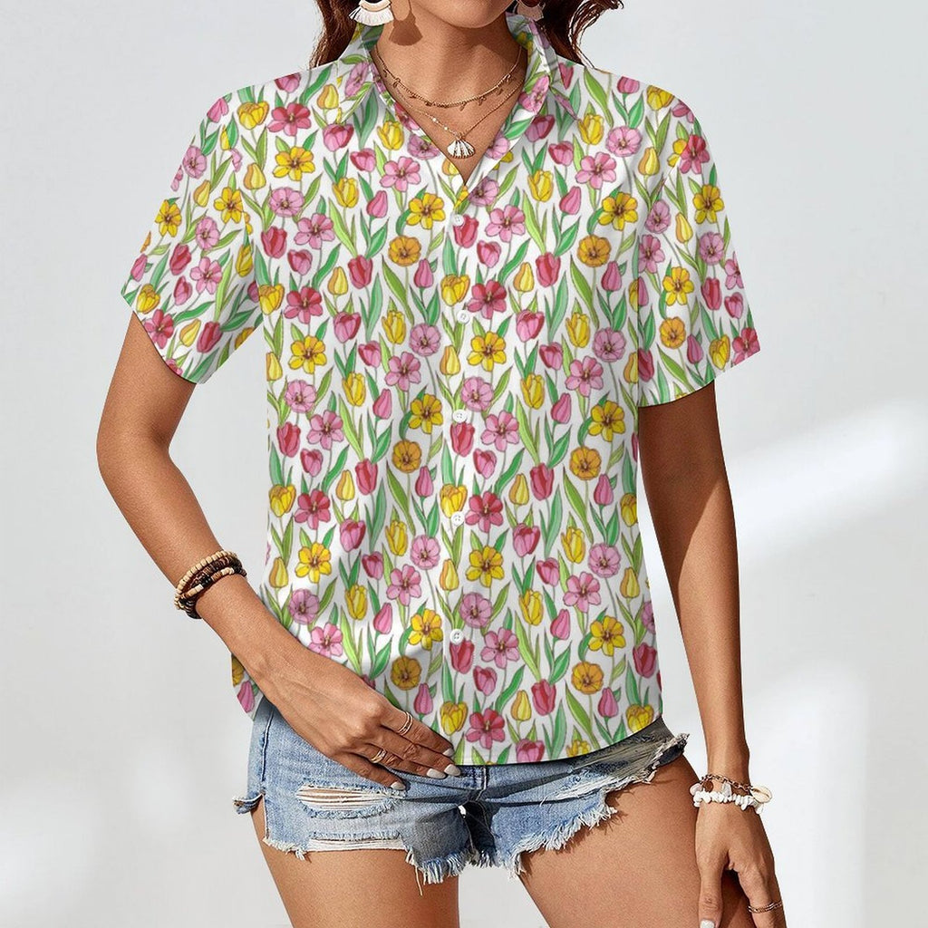 Pink And Yellow Floral Women's Collared Pocketless Short Sleeve Shirt