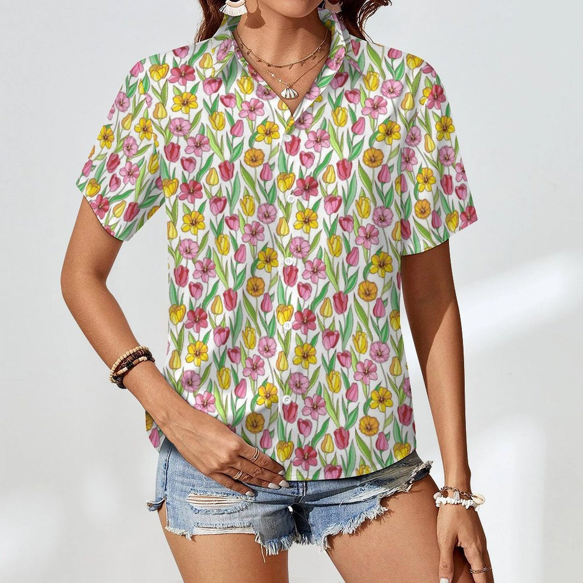 Pink And Yellow Floral Women's Collared Pocketless Short Sleeve Shirt