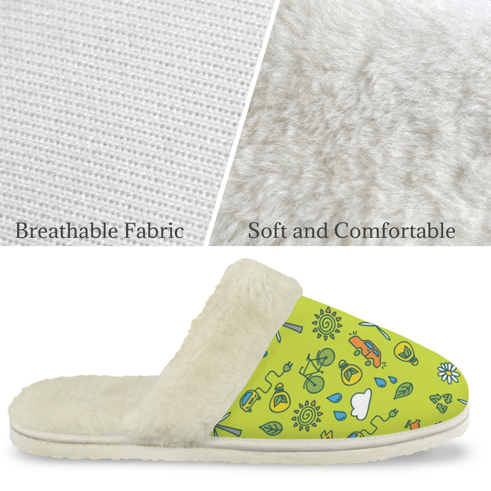 Go Green Men's Fur Trim Thick-Sole Indoor Slippers Men's Fur Trimmed Slippers Environment Printed Offshore