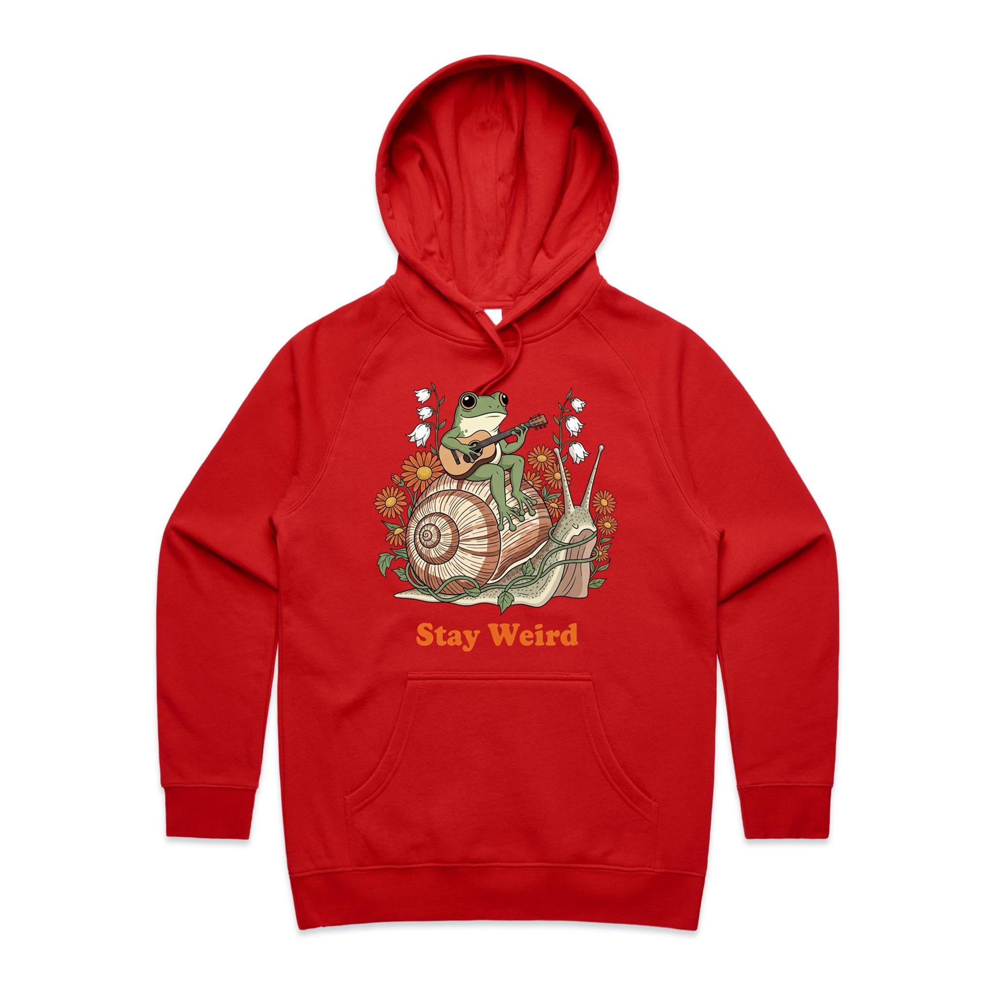Stay Weird, Guitar Playing Frog On A Snail Women's AS Colour Hoodie Red Womens Hoodie animal Music Printed In Australia